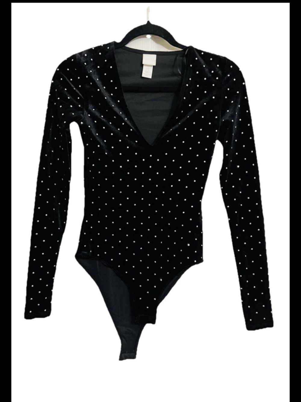 H&M Black Velvet Velour Silver Studded Accents Long Sleeve Bodysuit Snaps NWOT